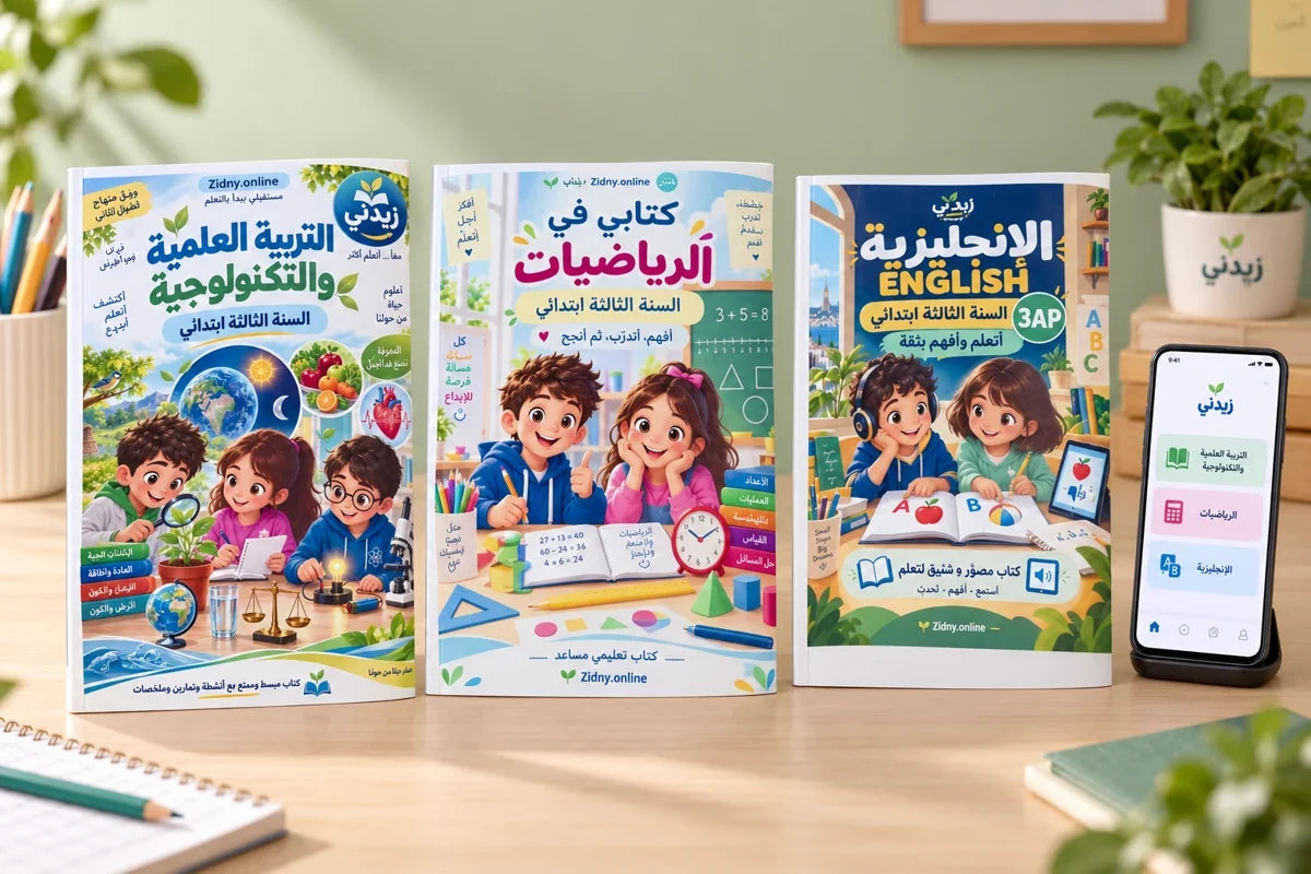 كتب زيدني للسنة الثالثة ابتدائي — تصميم توضيحي مبني على الأغلفة الحقيقية